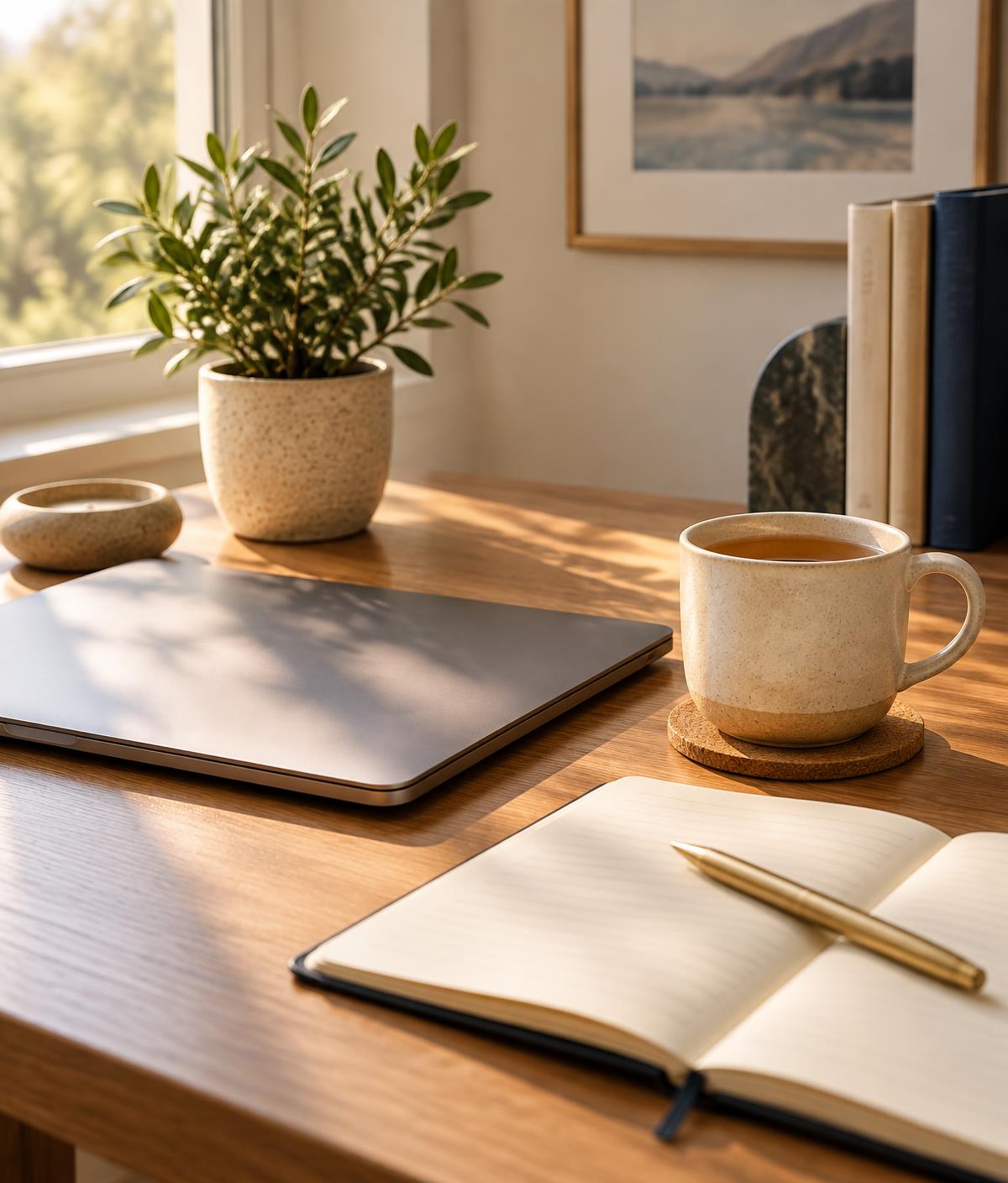 A tidy home-office desk with a notebook, brass pen and a cup of tea in morning light