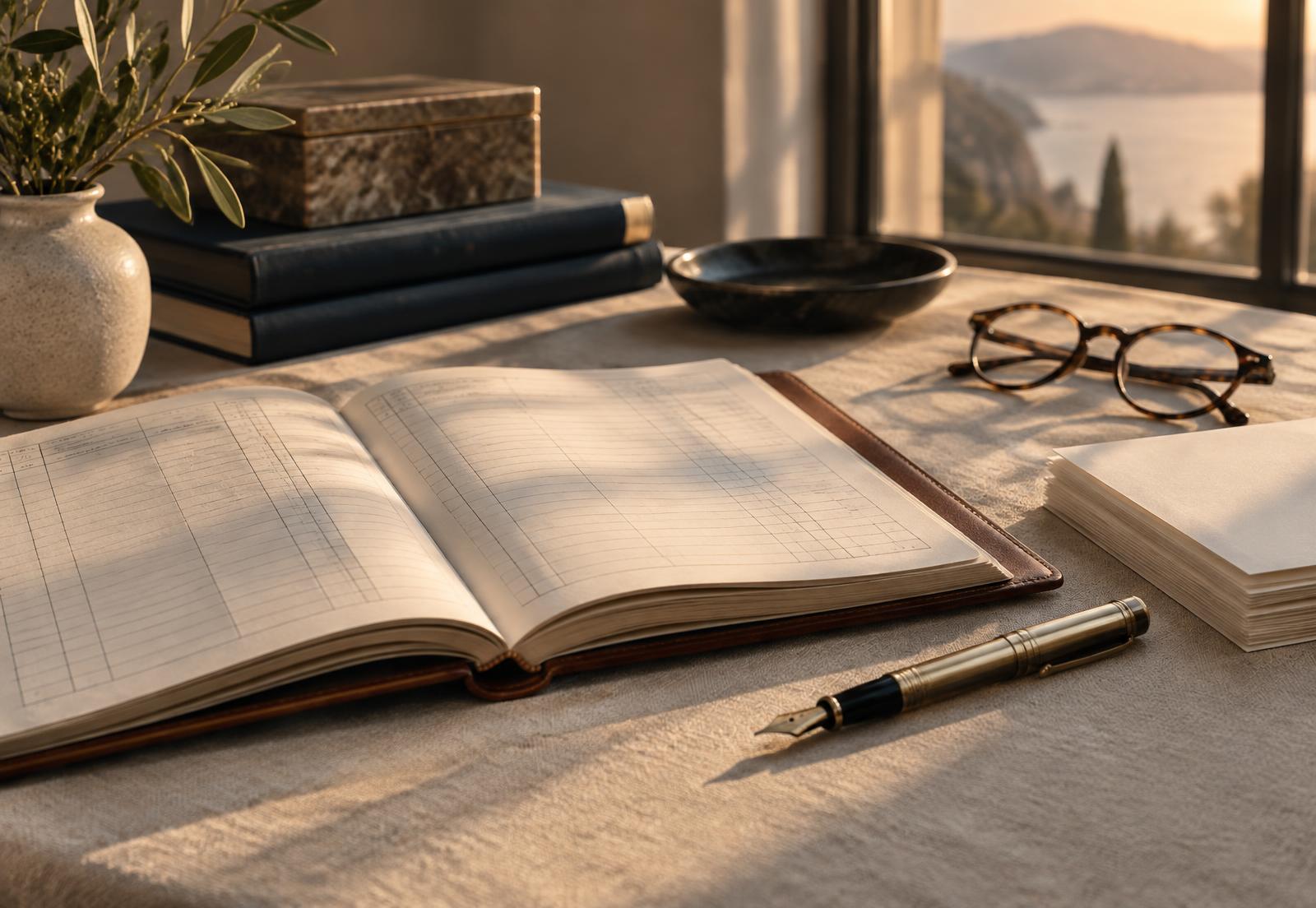 An open bookkeeping ledger, fountain pen and reading glasses on a sunlit desk