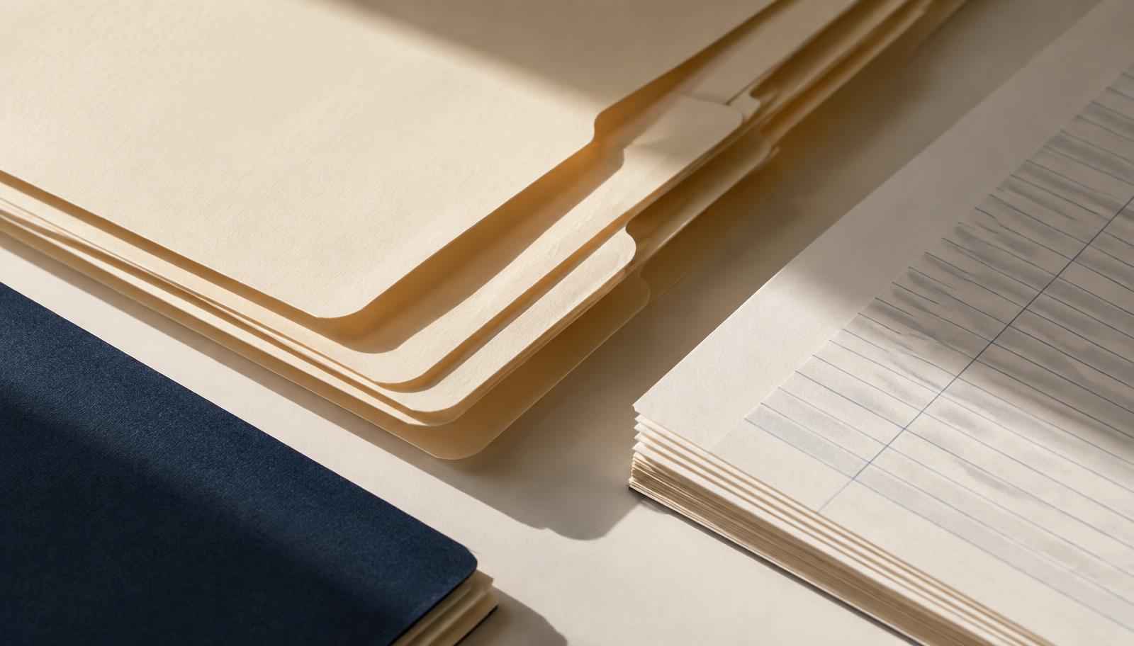 Neatly stacked file folders and ruled ledger paper in warm light